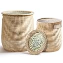 Laundry Hamper(2 Pices) with Lid Handles 14.96Gal &amp; 7.43Gal Seagrass Laundry Hamper Round Decorative Basket Handwoven Rattan Storage Basket with Removable Liner for LivingRoom Bedroom Bathroom