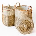 Laundry Hamper(2 Pices) with Lid Handles Seagrass Laundry Hamper Round Decorative Basket Handwoven Rattan Storage Basket with Removable Liner for LivingRoom Bedroom Bathroom