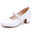 LAURMOSA Flower Girl Shoes Kids High Heels Mary Jane Flats Cute Pearl Rhinestones Girls Dress Pumps Shoes for Church Wedding Party Little Big Kids