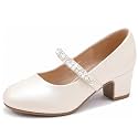LAURMOSA Flower Girl Shoes Kids High Heels Mary Jane Flats Cute Pearl Rhinestones Girls Dress Pumps Shoes for Church Wedding Party Little Big Kids
