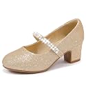 LAURMOSA Flower Girl Shoes Kids High Heels Mary Jane Flats Cute Pearl Rhinestones Girls Dress Pumps Shoes for Church Wedding Party Little Big Kids