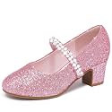 LAURMOSA Flower Girl Shoes Kids High Heels Mary Jane Flats Cute Pearl Rhinestones Girls Dress Pumps Shoes for Church Wedding Party Little Big Kids