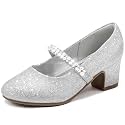 LAURMOSA Flower Girl Shoes Kids High Heels Mary Jane Flats Cute Pearl Rhinestones Girls Dress Pumps Shoes for Church Wedding Party Little Big Kids