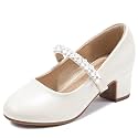 LAURMOSA Flower Girl Shoes Kids High Heels Mary Jane Flats Cute Pearl Rhinestones Girls Dress Pumps Shoes for Church Wedding Party Little Big Kids