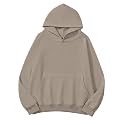 Lauweion Women Solid Basic Fleece Letter Loose Hoodie Sweatshirt Long Sleeve Kangaroo Pocket Drop Shoulder Pullovers Top