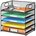 Lavatino 5 Tray Desk File Organizer, Black Mesh Paper Sorter Letter Tray Organizer with Handle, Desktop File Organizer and Storage for Letter/A4 Office File Folder