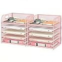 Lavatino Desk Paper Organizer with Handle, 2 Pack 5-Tier Pink Mesh Desk File Folder Holder Letter Tray Sorter Organizer for Office, Home or School