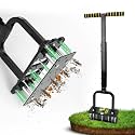 Lawn Aerator, Automatic Dirt and Leaf Clean Design, Reinforced Plastic Shell, Heavy Duty Manual Lawn Aerator Tool with 15 Iron Spikes, Height Adjustable Aerator for Lawn(Armor Black)