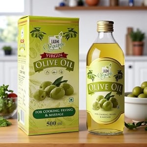 laxmi organic virgin olive oil 500ml  cold pressed jaitun ka tel  100 pure amp natural edible olive oil for cooking salad dressing amp light frying  multipurpose oil for hair skin amp baby massage