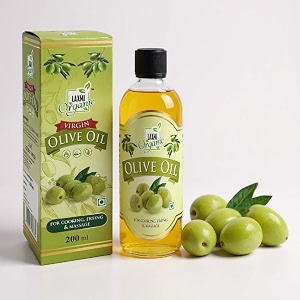 laxmi organic virgin olive oil 200ml  cold pressed jaitun ka tel  100 pure amp natural edible olive oil for cooking salad dressing amp light frying  multipurpose oil for hair skin amp baby massage