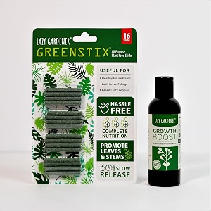 lazy gardener organic fertilizer combo  greenstix amp growth boost liquid fertilizer  organic plant food sticks amp liquid fertilizer for home gardening 100ml  16 sticks