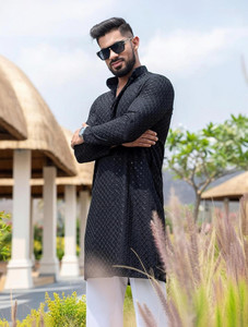 lazzly men printed chikan embroidery straight kurta