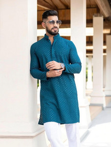 lazzly men printed chikan embroidery straight kurta