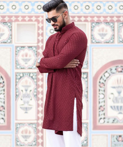 lazzly men printed chikan embroidery straight kurta