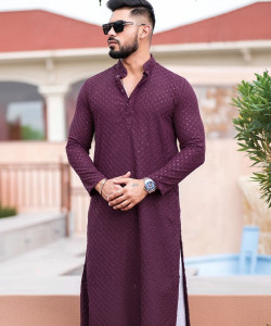 lazzly men printed chikan embroidery straight kurta