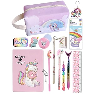 le delite combo gift pack of 13 items lock diary with big size utility pouch kuromi unicorn stationery set for girls return gifts for kids cute fancy stylish stationery items unicorn-13 items