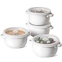 LE TAUCI French Onion Soup Bowls, 28 oz Ceramic Soup Crocks with Handles & Silicone Lids, Oven & Microwave Safe Containers for Meal Prep & Leftovers, Lead & Cadmium Free, Set of 4, White