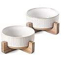 LE TAUCI PET Ceramic Dog Bowls for Medium Small Dogs - 4 Cup Medium Dog Food and Water Bowls with Wood Stand, Cute Pet Dishes Set of 2, Lines+Dot