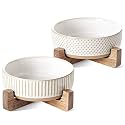 LE TAUCI PET Ceramic Dog and Cat Bowl Set with Acacia Wood Stand - 2 Cup Weighted Non-Slip Food and Water Bowls for Small Dogs &amp; Cats, Lines + Dot