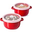 LE TAUCI Soup Bowls with Handles and Silicone Lids, 28 oz Ceramic Ramen Bowl Microwavable, Oven Safe French Onion Soup Bowls for Noodles and Cereal, Lead &amp; Cadmium Free Soup Crocks, Set of 2, Red