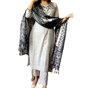 Leaf Embroidered 3 4 Sleeve Cotton Kurti