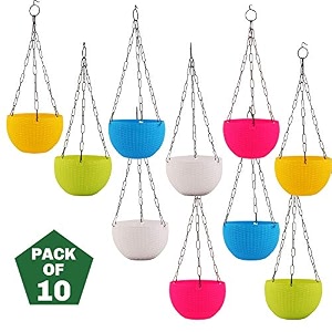 leafy tales plastic hanging hook pots set of 10 multicolor durable railing planters for balcony window grill amp fence - detachable hook flower pots for indoor amp outdoor vertical gardening