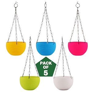 leafy tales plastic hanging hook pots set of 5 multicolor durable railing planters for balcony window grill amp fence - detachable hook flower pots for indoor amp outdoor vertical gardening