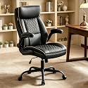 Leather Executive Office Chair, Computer Desk Chair with Lumbar Support, Comfortable Home Office Chairs 400lbs with Padded Flip-up Armrests, Height Adjustable, Tilting Function, Black