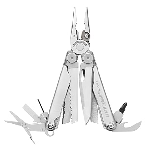 leatherman wave plus stainless steel full size multitool  closed length 10 cm  18 in 1 functional tools with nylon sheath  weight 241 g width 305 cm 25 years warranty  outdoor