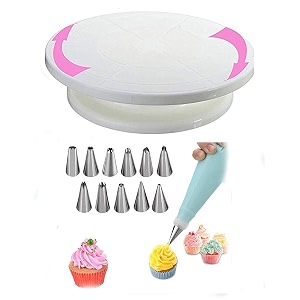 leawall cake decorating kits supplies cake turntable4 scraper12 numbered cake decorating tips1 silicone piping bag and 1 coupler