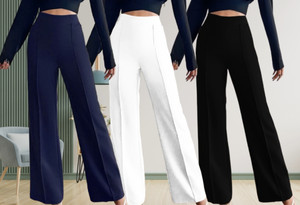 lecowar pack of 3 women regular fit dark blue white black polyester trousers