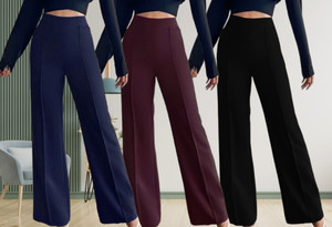 lecowar pack of 3 women regular fit dark blue purple black polyester trousers