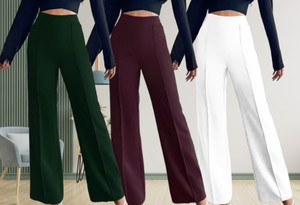 lecowar pack of 3 women regular fit green purple white polyester trousers