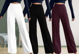 lecowar pack of 3 women regular fit white black purple polyester trousers