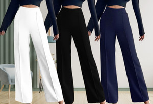 lecowar pack of 3 women regular fit white black dark blue polyester trousers