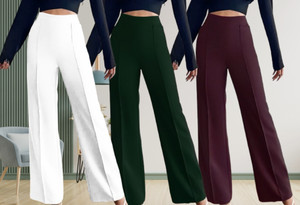 lecowar pack of 3 women regular fit white green purple polyester trousers