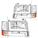 LED DRL Headlight Assembly for 1992 1993 1994 1995 1996 Ford F150 F250 F350/1992-1996 Bronco Driver Left &amp; Passenger Right Side Replacement Chrome Housing Amber Reflector