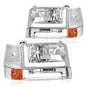LED DRL Headlight Assembly for 1992-1996 Ford F150 F250 F350/ 1992 1993 1994 1995 1996 Bronco Pair of Driver Left &amp; Passenger Right Side Replacement Chrome Housing Clear Reflector