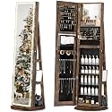 LED Mirror Jewelry Cabinet Standing, 360° Swivel Jewelry Armoire, Brown