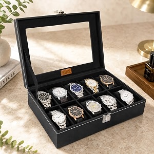 ledo leather men39s and women39s watch box organizer case in 10 slots of watches in black color blackandblack
