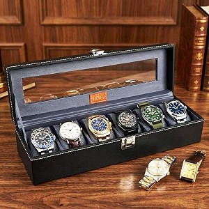 ledo watch box holder organizer case with 6 slots transparent look black amp gray color velvet