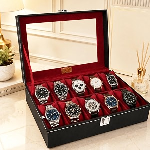ledo watch box holder organizer case in 6 slots of watches with transparent look black amp cherry color velvet