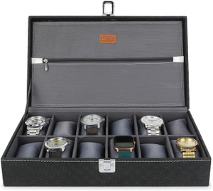 ledo mens  womens watch box 12 slots watches pu leather royal black  gray color watch box black holds 12 watches