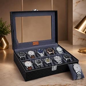 ledo leather watch box case organizer in 10 slots for men and women with transparent display holder black amp gray color