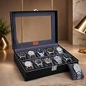 LEDO Leather Watch Box Case Organizer in 10 Slots for Men and Women with Transparent Display Holder Black &amp; Gray Color