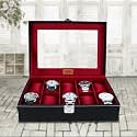 LEDO Watch Box Case Organizer in 10 slots of Watches for Men and Women with Transparent Look Display Holder Royal Black &amp; Cherry Color