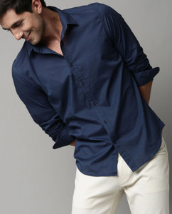 lee cross men solid casual dark blue shirt