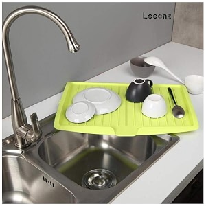 dish drainer board plastic sink drip sloping draining tray with kitchen storage bag- 1pack green