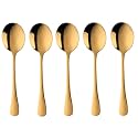 Gold Soup Spoons, Stainless Steel Round Spoons with Gold Titanium Plating, Gold Dinner Spoon Table Spoon, Spoons Silverware Dishwasher Safe (Set of 5)
