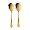 Gold Soup Spoons, Stainless Steel Round Spoons with Gold Titanium Plating, Gold Dinner Spoon Table Spoon, Spoons Silverware Dishwasher Safe (Set of 2)